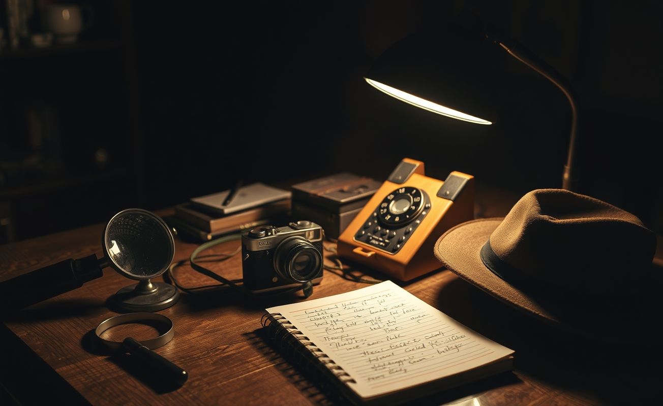 Escritório tradicional de detetive particular com equipamentos investigativos