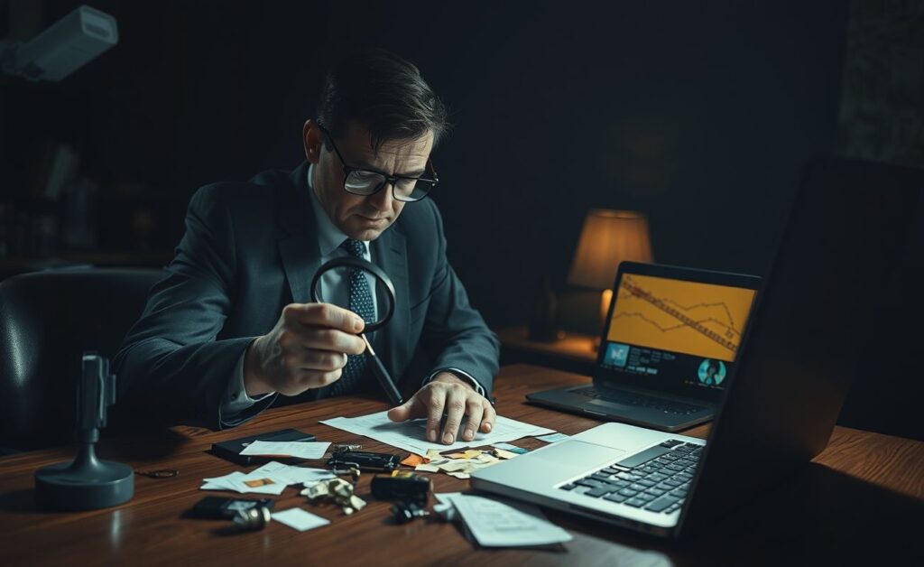 Detetive profissional analisando provas em mesa de trabalho