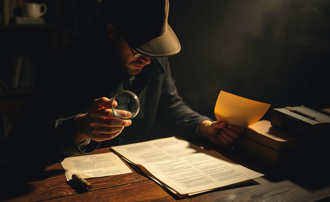 Detetive particular investigando documentos
