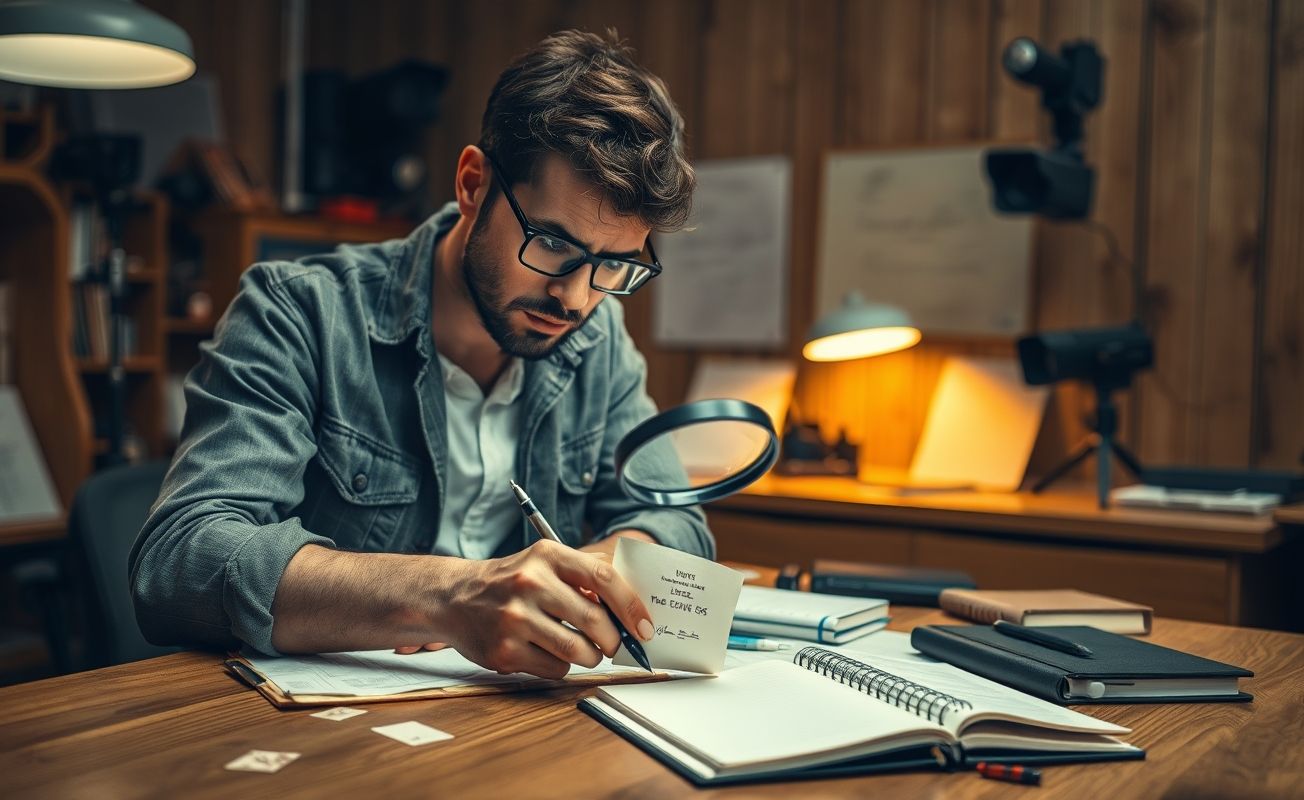 Detetive particular analisando provas com lupa