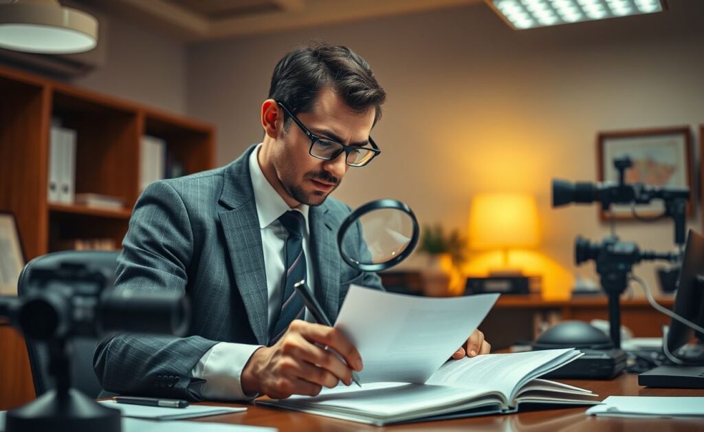 Detetive particular analisando provas em escritório profissional