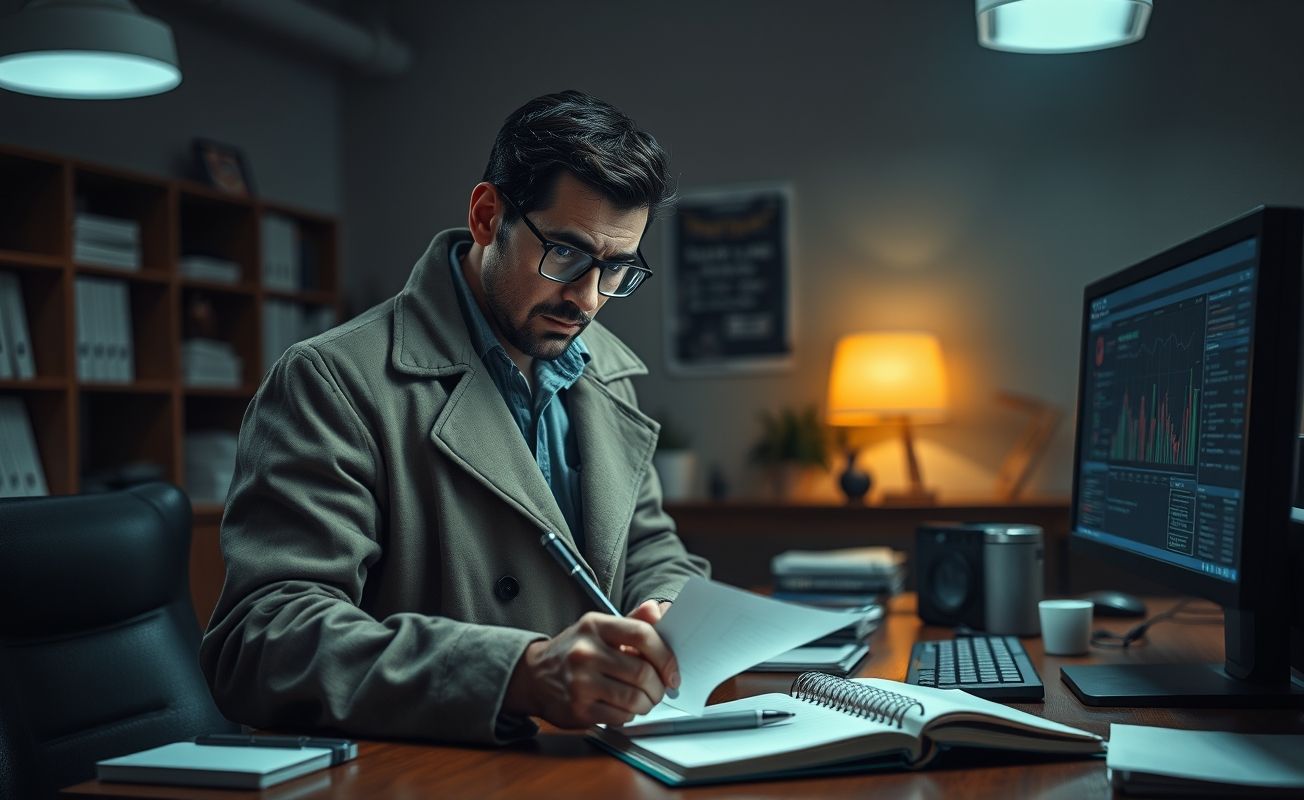 Detetive particular analisando provas em mesa de trabalho