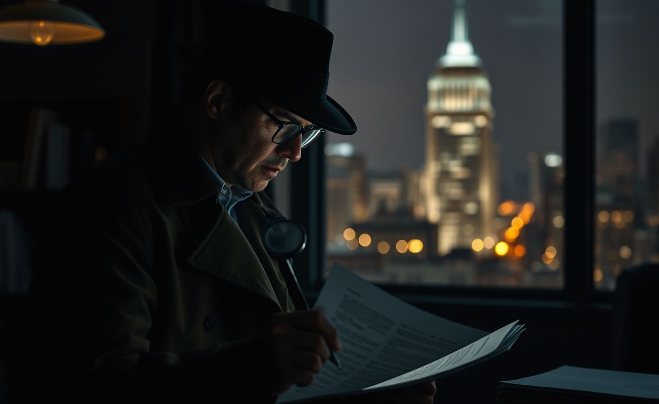 Detetive particular analisando documentos