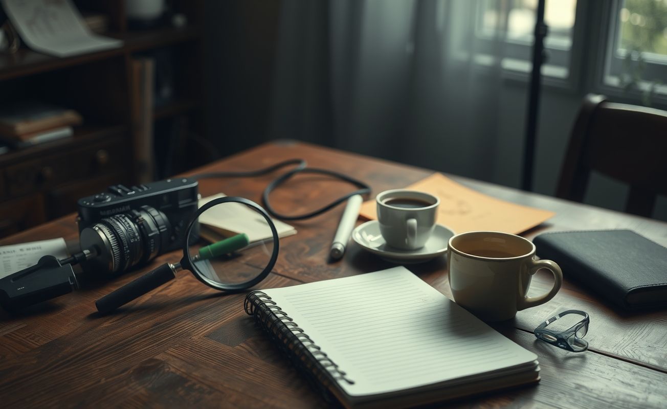 Mesa de trabalho de detetive particular com equipamentos