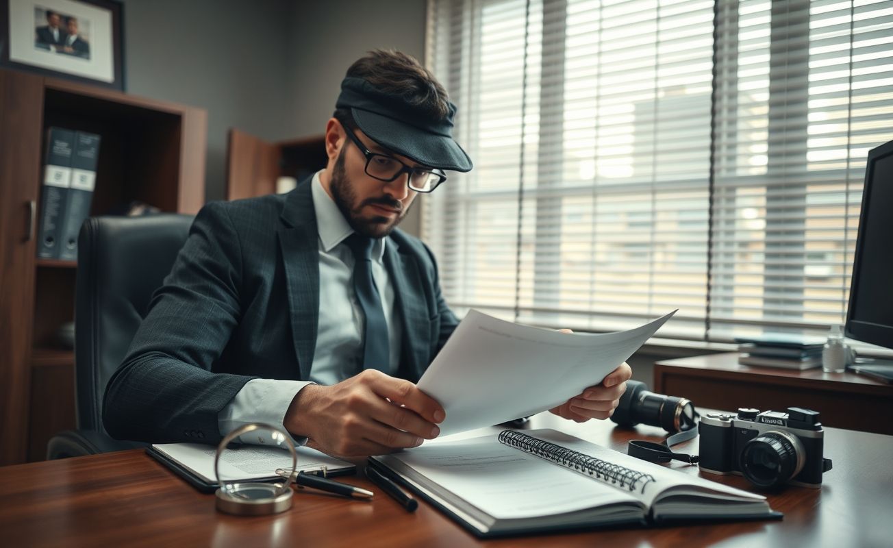 Detetive particular analisando caso profissionalmente