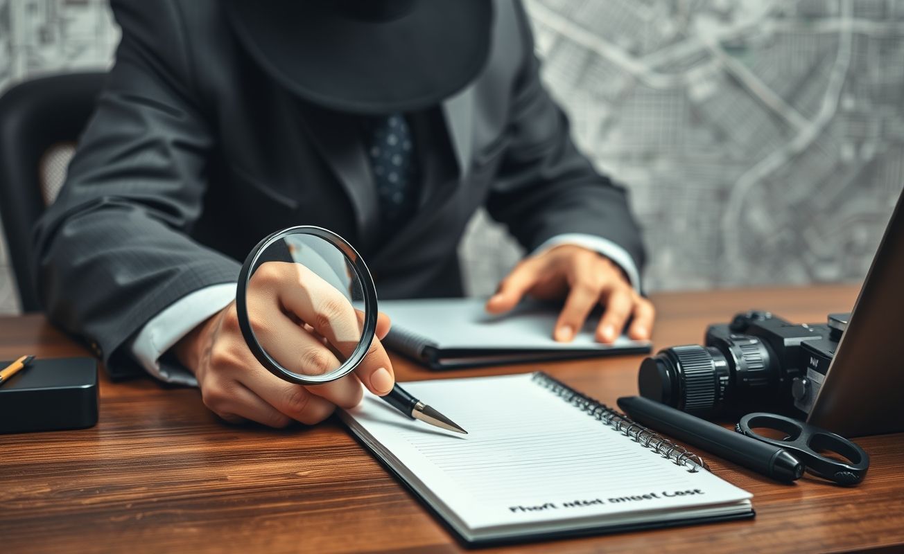 Detetive particular analisando evidências em escritório