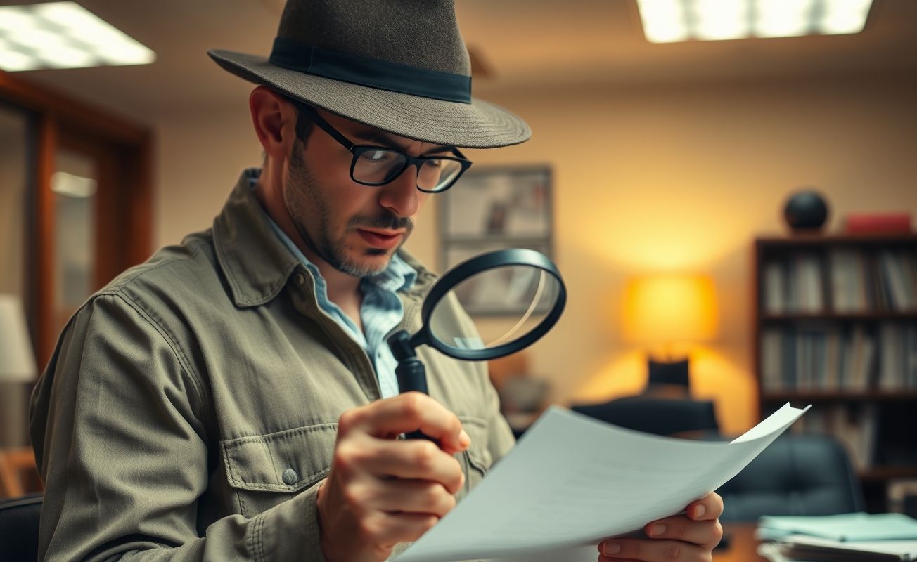 Detetive particular analisando provas em escritório