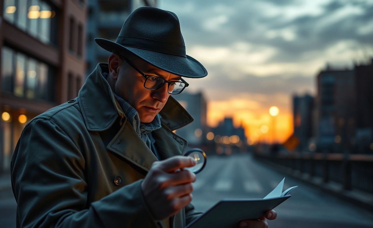 Detetive particular investigando caso com lupa