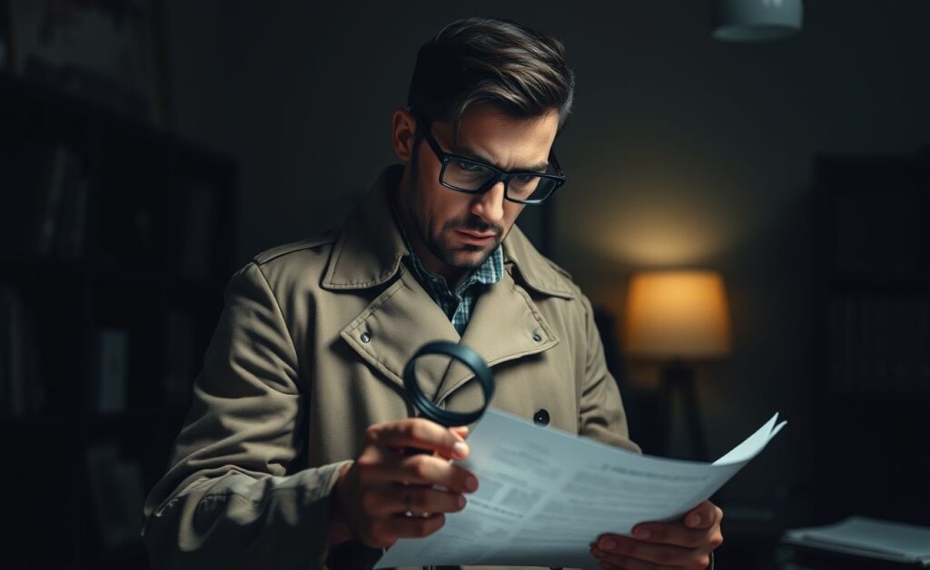 Detetive particular analisando provas em escritório