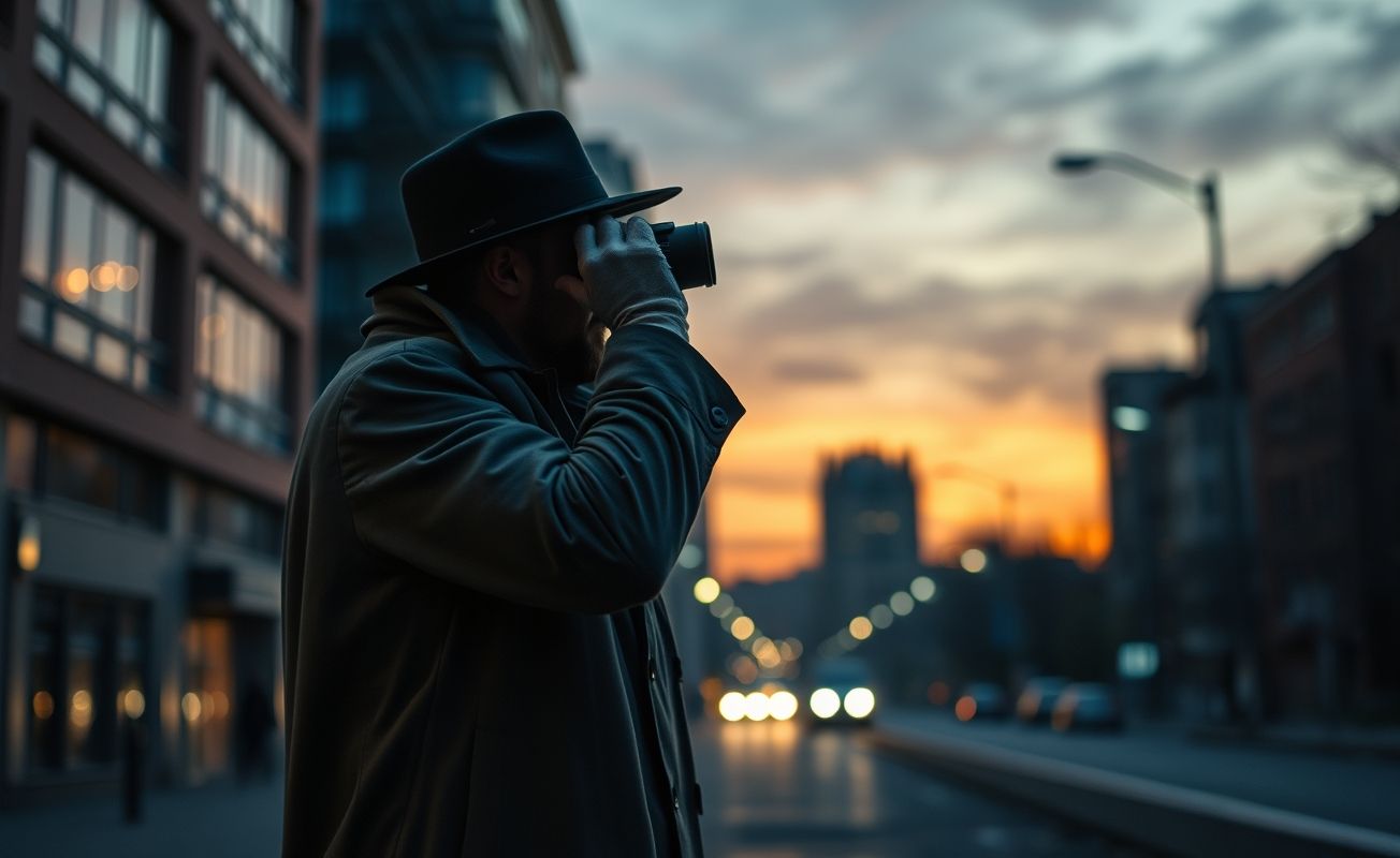 Detetive particular realizando vigilância em ambiente urbano