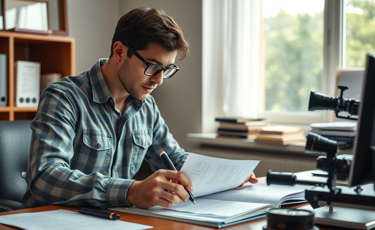 Detetive particular analisando documentos em escritório