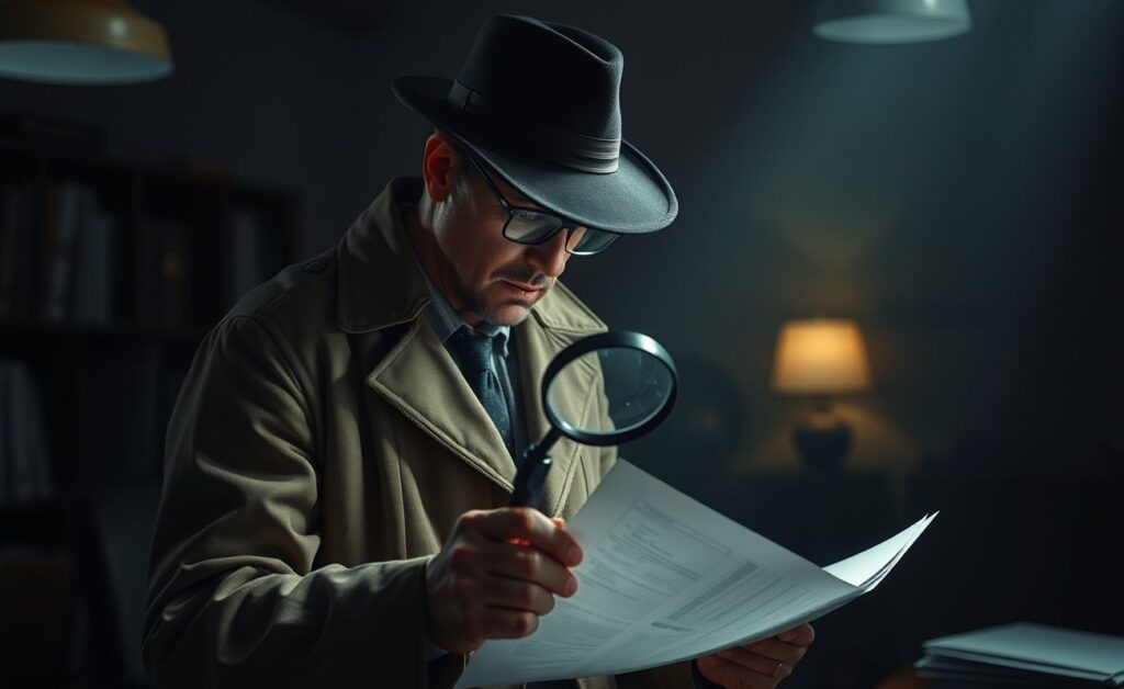 Detetive particular analisando provas em escritório