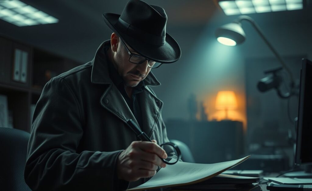 Detetive particular analisando provas em mesa de trabalho