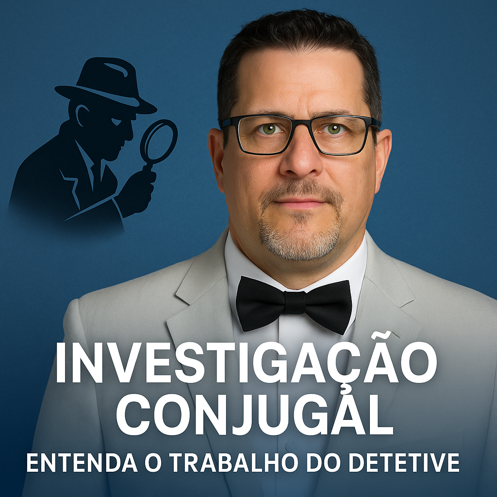 Processos de investigação conjugal Retrato do Detetive Edson Frazão com terno branco e gravata borboleta preta, em fundo azul metálico, representando a investigação conjugal da agência Detetives 007.