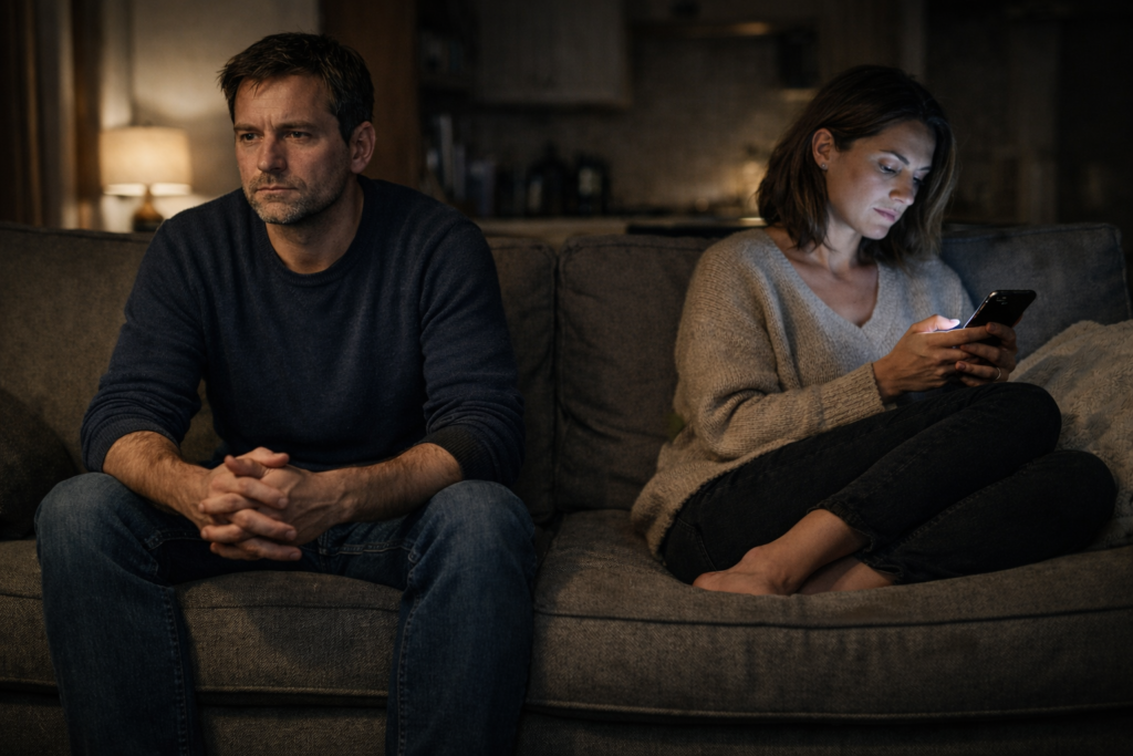 Casal distante no mesmo ambiente representando abandono emocional no casamento e desgaste conjugal