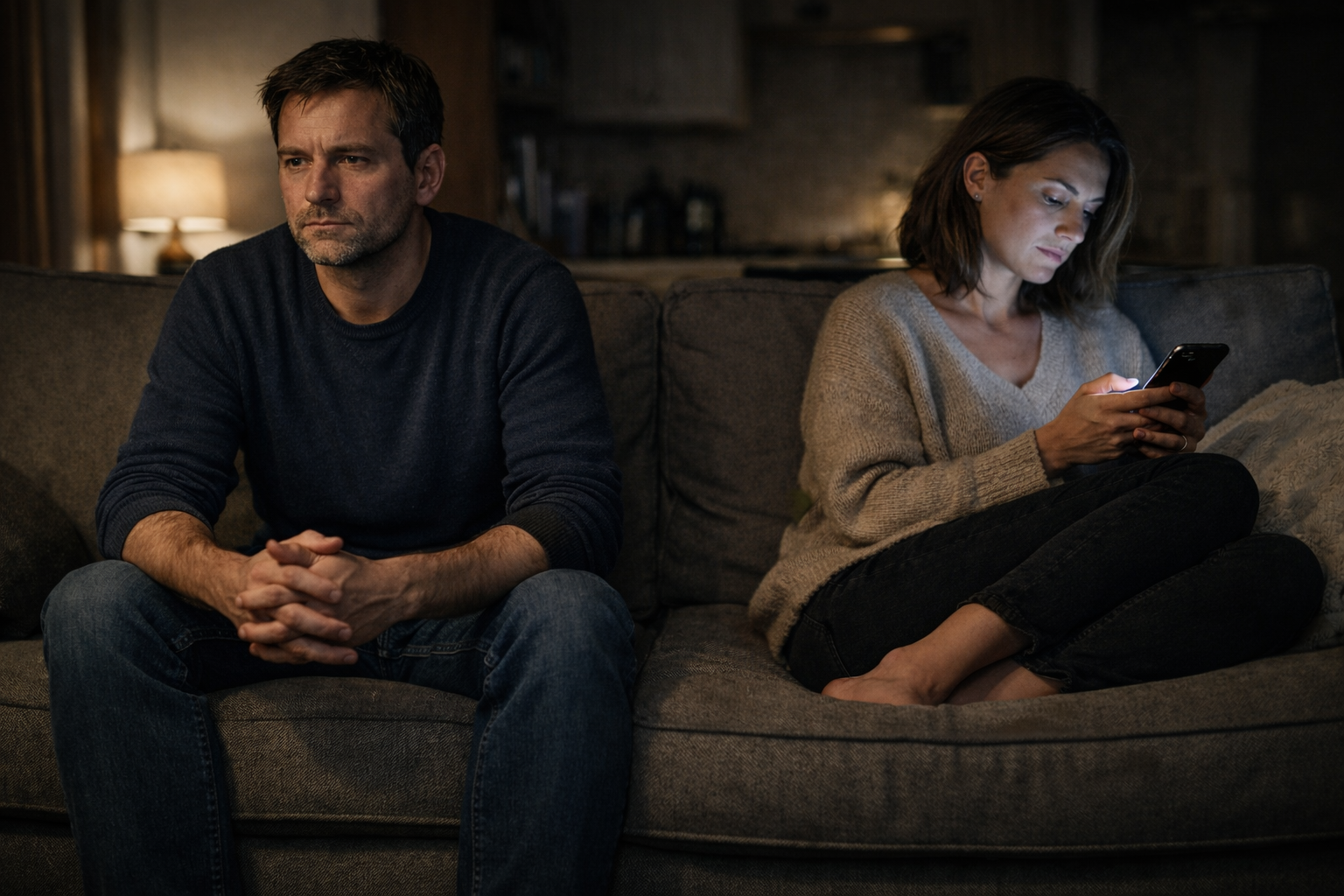 Casal distante no mesmo ambiente representando abandono emocional no casamento e desgaste conjugal