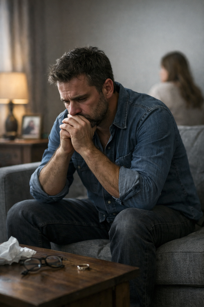 A traição no casamento: Homem emocionalmente abatido sentado sozinho em casa representando crise conjugal e abandono emocional