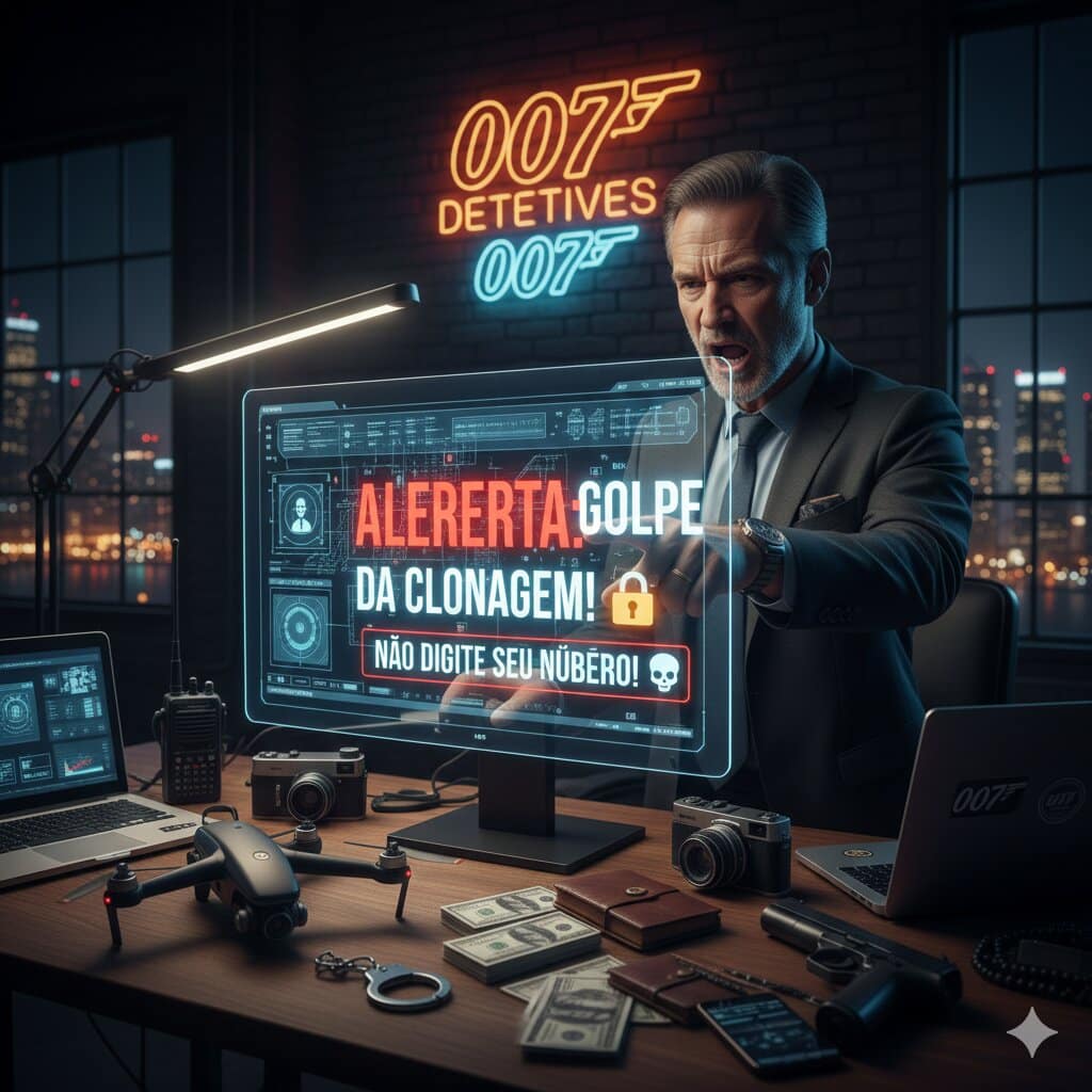 Detetive Edson Frazão em seu escritório de inteligência, com expressão de alerta e autoridade, apontando para uma tela que exibe o aviso: 'ALERTA: GOLPE DA CLONAGEM! NÃO DIGITE SEU NÚMERO!'. Ao fundo, o logotipo Detetives 007 em neon e equipamentos profissionais sobre a mesa