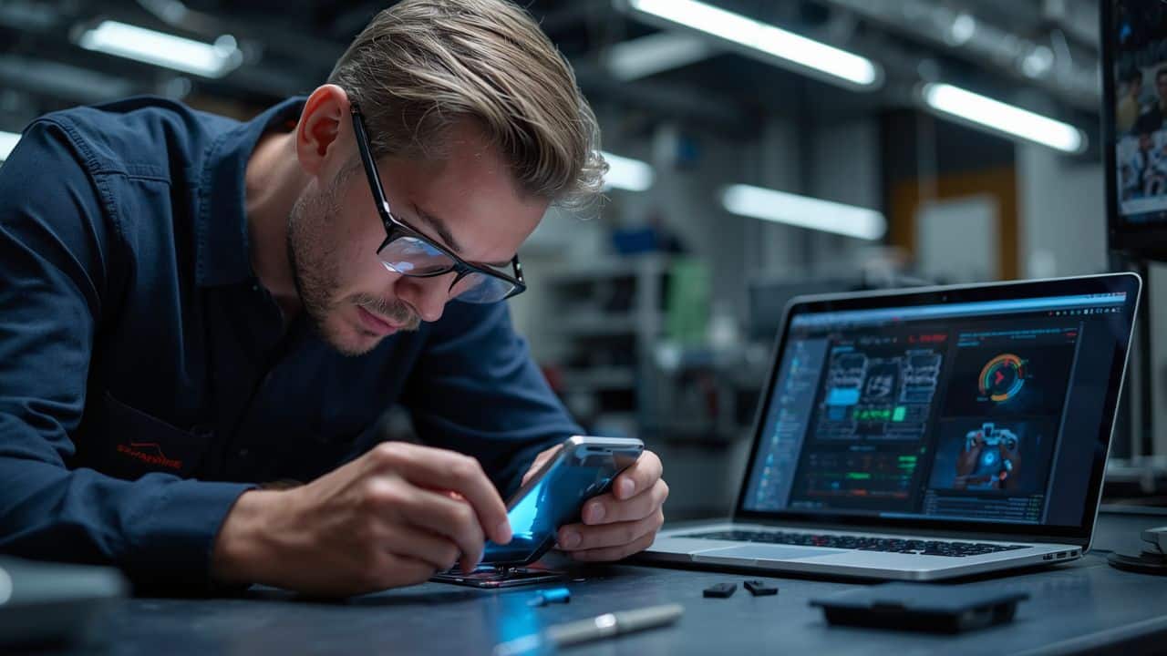 Especialista realizando recuperação de dados apagados de celular em laboratório técnico