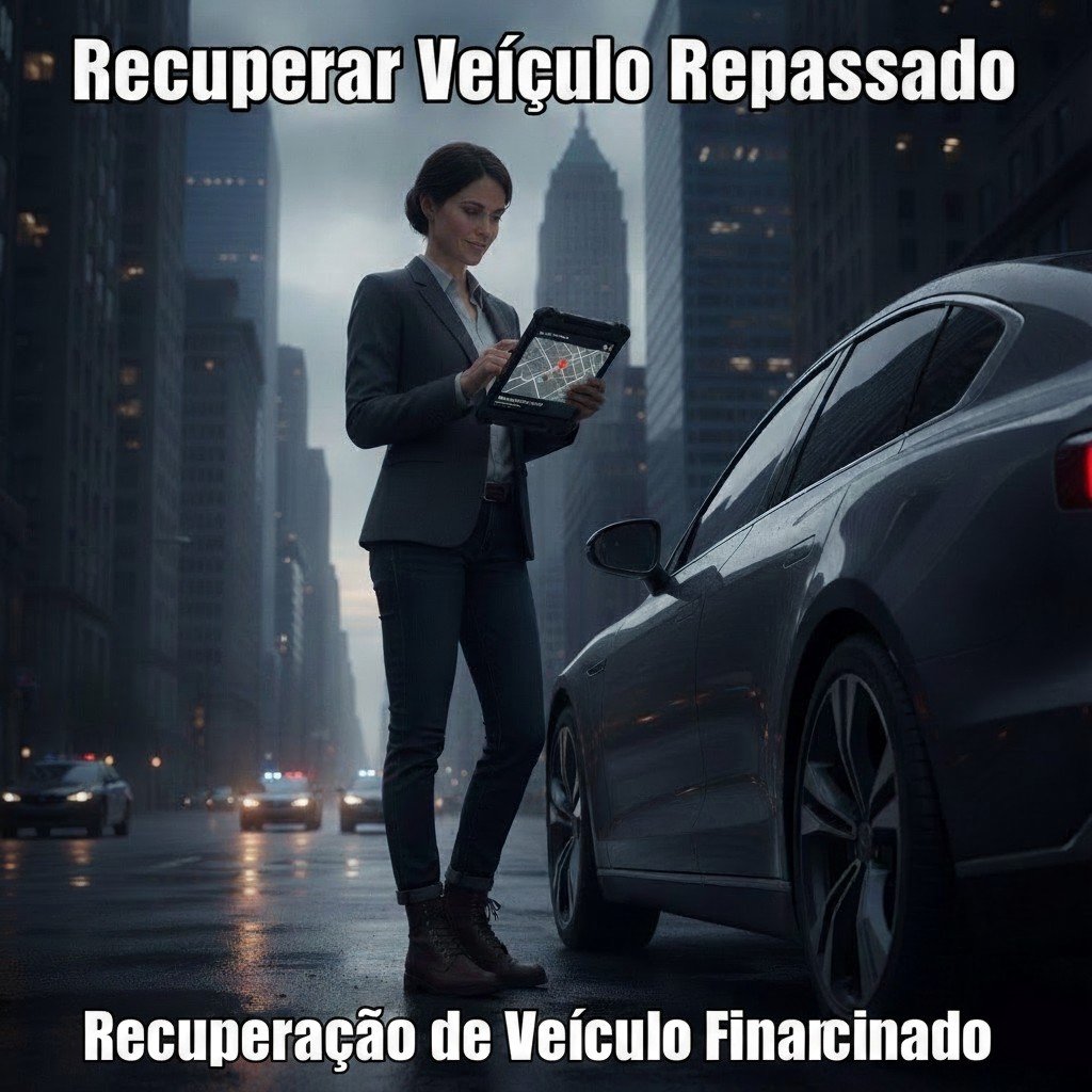 "Imagem ilustrativa de um investigador particular ao lado de um carro, simbolizando a ação de recuperar veículo repassado. O texto 'Recuperar Veículo Repassado' está destacado no topo e 'Recuperação de Veículo Financiado' na parte inferior, enfatizando a urgência e a eficácia do serviço de investigação para a recuperação de bens. A imagem representa determinação e profissionalismo na busca pelo patrimônio perdido."