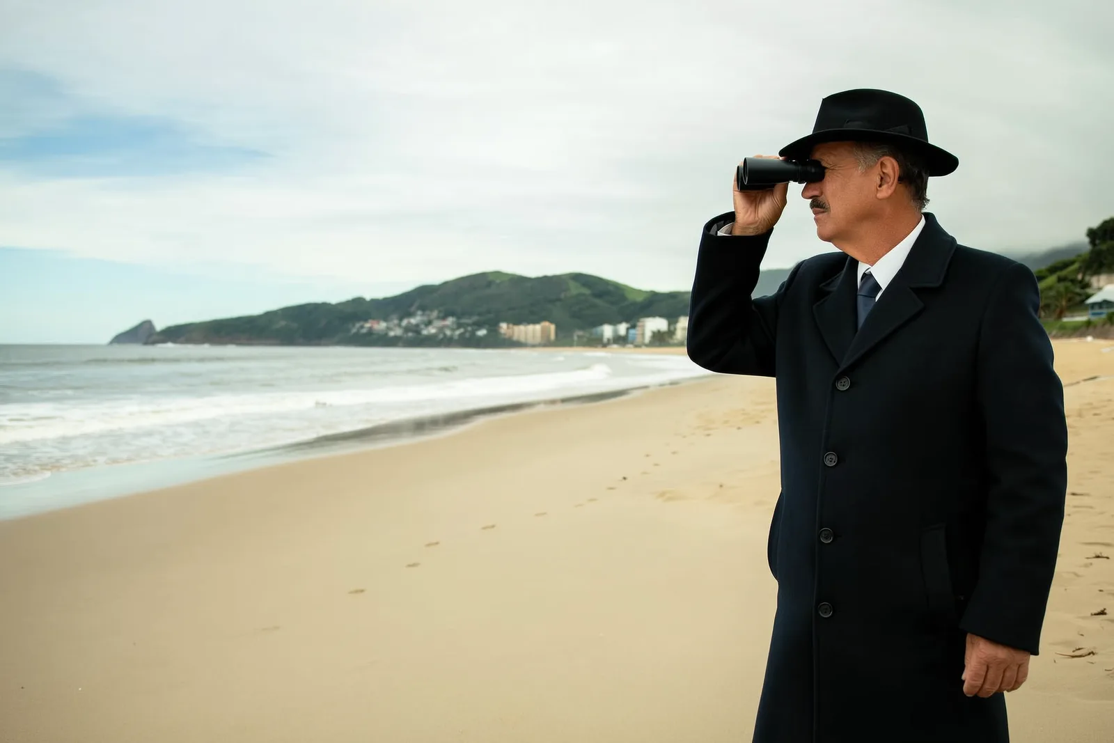 Detetive particular observando com luneta na praia de Mongaguá