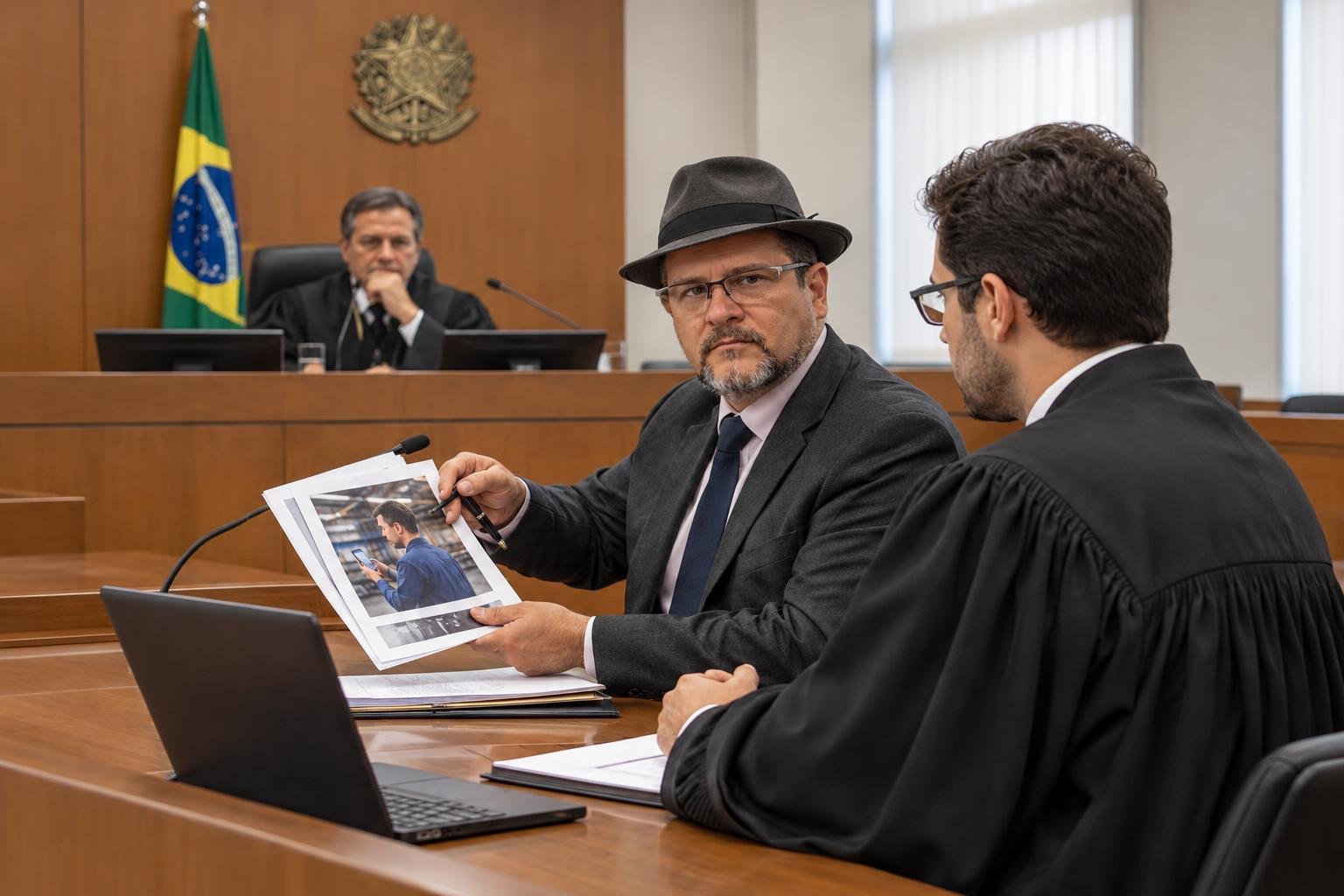 Detetive Particular para investigação trabalhista: Detetive particular de chapéu e advogado de beca apresentam evidências diante de uma juíza em uma investigação trabalhista.